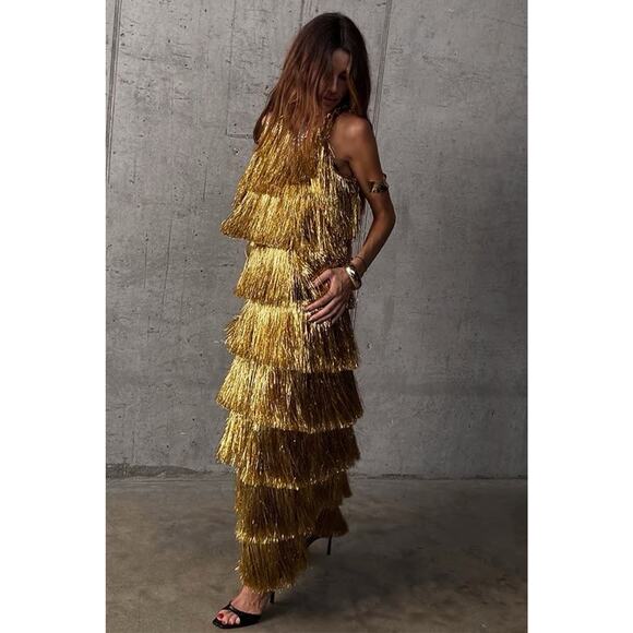 Never Fully Dressed Dresses & Skirts - NWT Never Fully Dressed Gold Fringe Maxi Dress Tinsel Maxi 6
